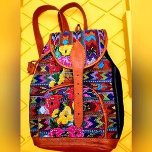 Floral Embroidered Leather Mexican Backpack / Purse. New condition.